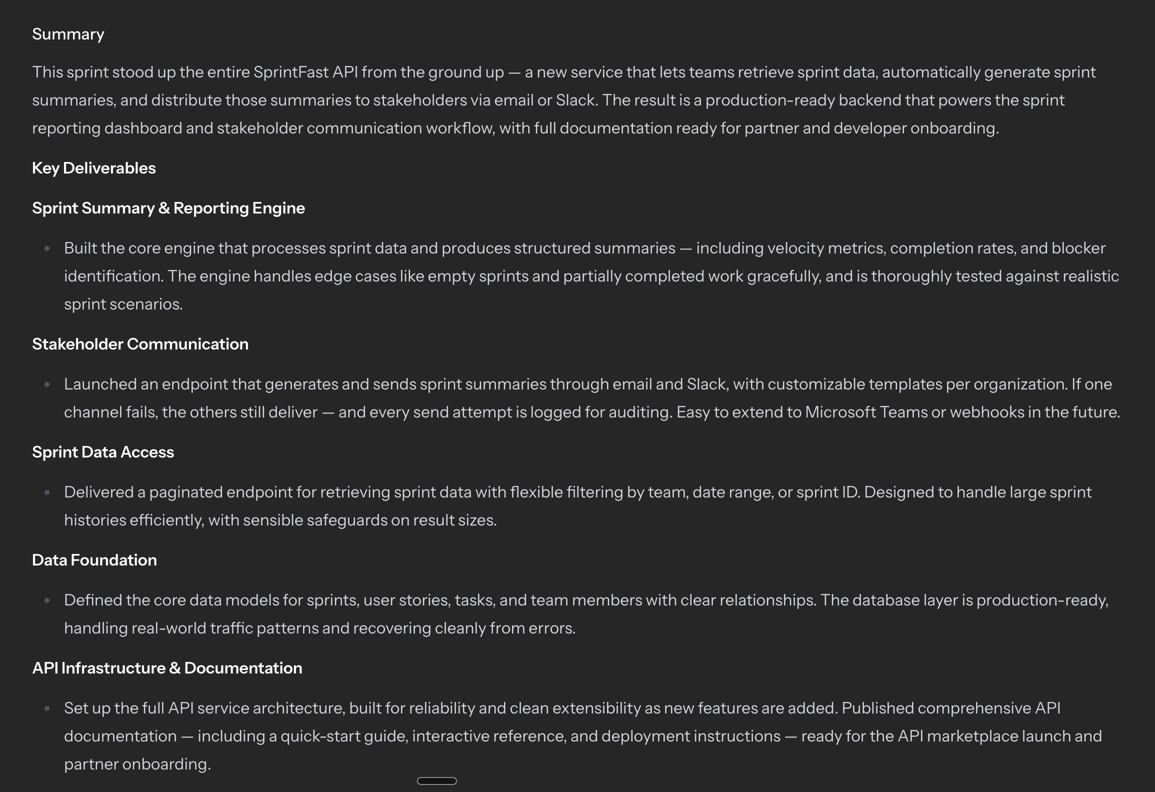 SprintFast generated stakeholder-friendly summary